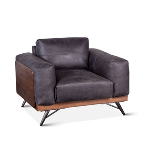 Mid-Century Leather and Wood Armchair, Antique Ebony
