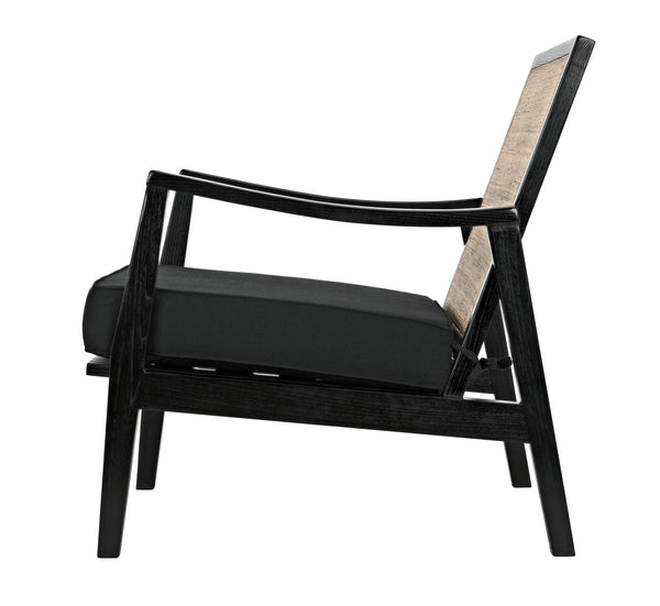 Lichtenstein Sungkai and Mindi Wood Chair with Peeled Rattan Detailing in Charcoal Black with Black Cotton Upholstery