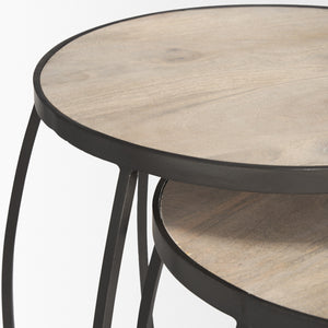 Clapp Round Light Brown W/ White Wash Wood and Silver Metal Nesting Accent Tables (Set of 2)