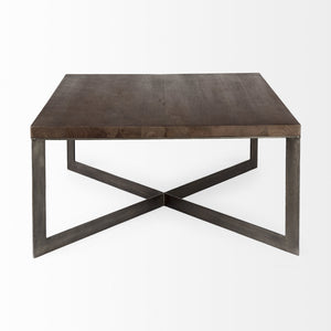 Faye 34L x 34W x 17H Medium Brown Wood W/Antique Nickel Metal Base Square Coffee Table