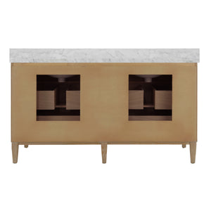 BATH VANITY WITH VERTICAL FLUTED DETAIL ON DRAWERS IN CERUSED OAK WITH WHITE MARBLE TOP, DOUBLE PORCELAIN SINKS, AND POLISHED BRASS KNOBS, 60" WIDE