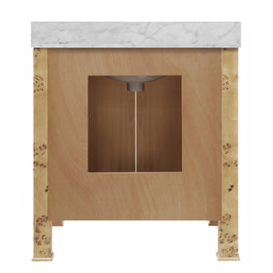 BATH VANITY IN BURL WOOD W/ ANT. BRASS HARDWARE, WHITE MARBLE TOP, AND PORCELAIN SINK