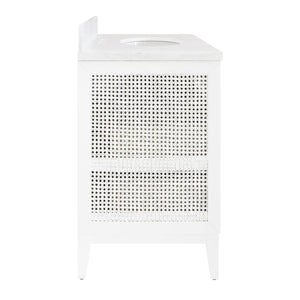 BATH VANITY IN MATTE WHITE LACQUER WITH CANE FRONT DRAWERS, WHITE MARBLE TOP, AND PORCELAIN SINK