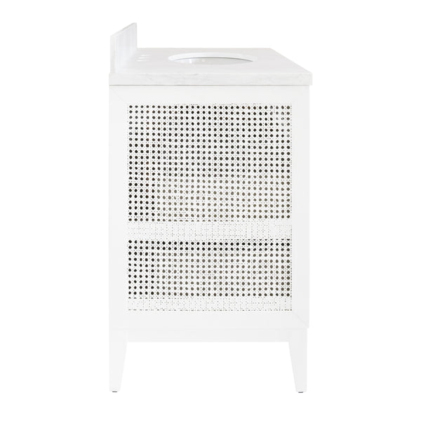 BATH VANITY IN MATTE WHITE LACQUER WITH CANE FRONT DRAWERS, WHITE MARBLE TOP, AND PORCELAIN SINK