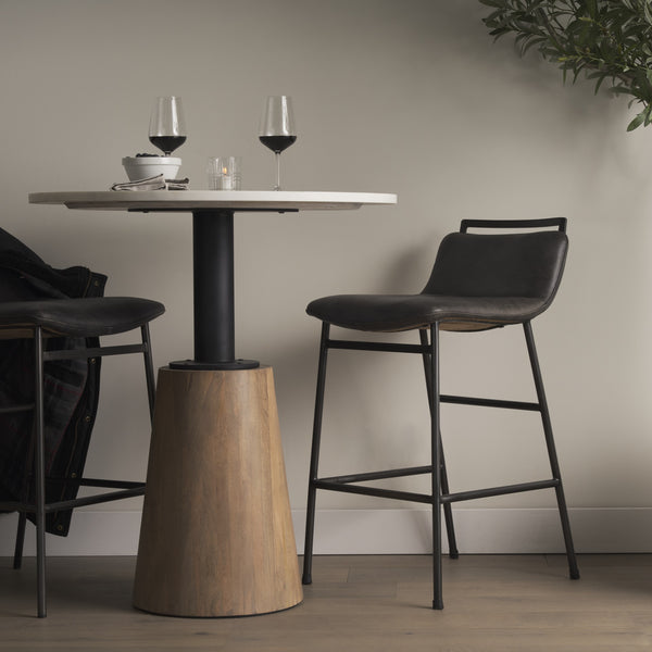 Maxwell 32" Round White Marble Tabletop w/ Blonde Wood & Black Metal Accent Pedestal Bistro Table