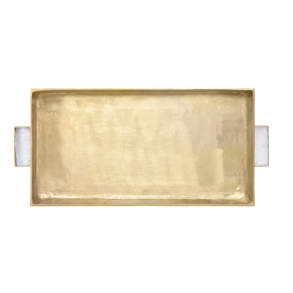 CAST METAL TRAY IN ANTIQUE BRASS FINISH WITH AGATE HANDLES