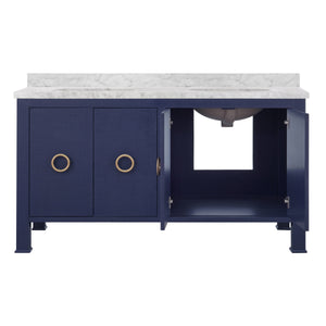 BATH VANITY IN TEXTURED NAVY LINEN W/ ANT. BRASS HARDWARE, WHITE MARBLE TOP, AND DOUBLE PORCELAIN SINKS, 60" WIDE