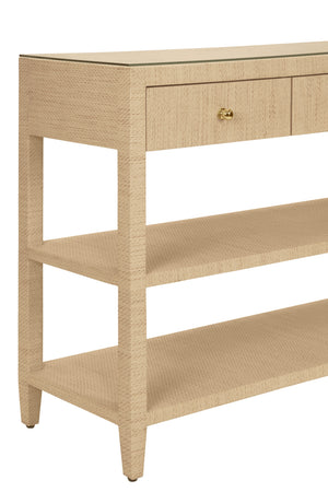 THREE DRAWER CONSOLE WITH TWO OPEN SHELVES IN NATURAL GRASSCLOTH WITH POLISHED BRASS KNOBS