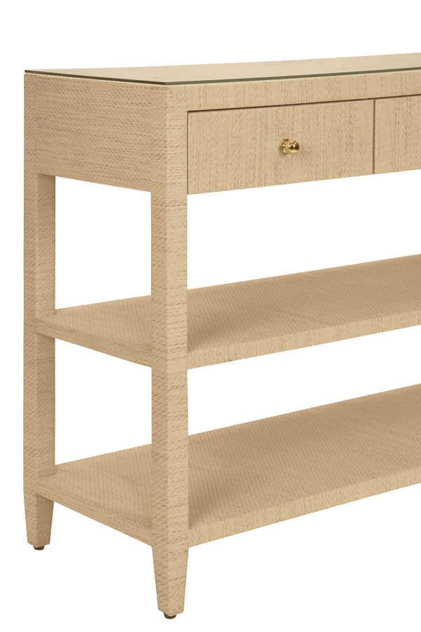 THREE DRAWER CONSOLE WITH TWO OPEN SHELVES IN NATURAL GRASSCLOTH WITH POLISHED BRASS KNOBS