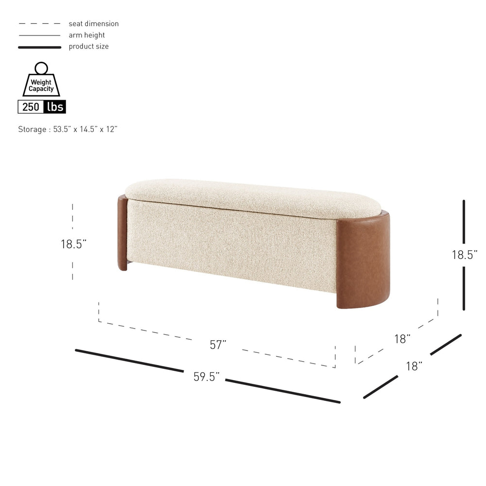 Alyssa Boucle/Faux Leather Storage Bench, Palladian Beige/Vintage Cider