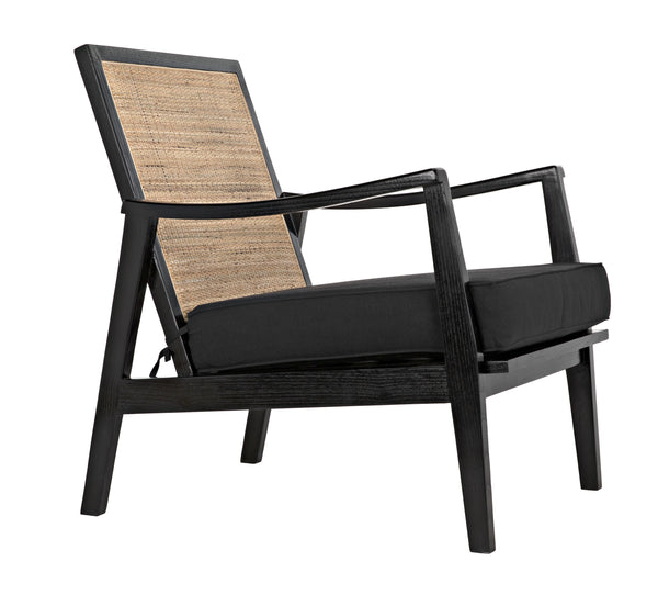 Lichtenstein Sungkai and Mindi Wood Chair with Peeled Rattan Detailing in Charcoal Black with Black Cotton Upholstery