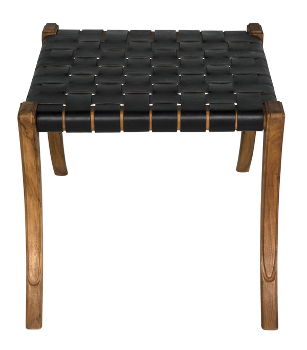 Sparti Teak Stool with Black Leather Weave and Clear Coat Finish