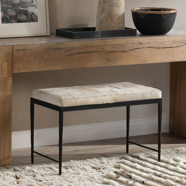 Achen Hide Bench - Dusty Cream Textured Iron Frame
