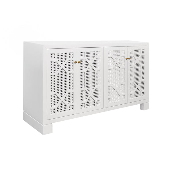 FOUR DOOR BUFFET WITH TRELLIS OVER PAINTED CANE DOORS IN MATTE WHITE LACQUER