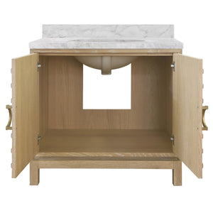 BATH VANITY IN CERUSED OAK WITH ANTIQUE BRASS CIRCLE HARDWARE, WHITE MARBLE TOP, AND PORCELAIN SINK