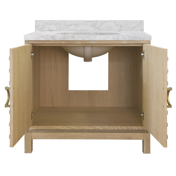 BATH VANITY IN CERUSED OAK WITH ANTIQUE BRASS CIRCLE HARDWARE, WHITE MARBLE TOP, AND PORCELAIN SINK