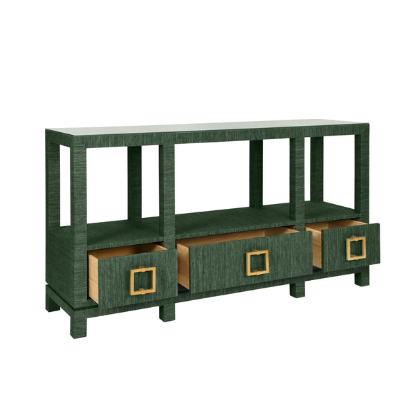 OPEN SHELF CONSOLE WITH THREE BOTTOM DRAWERS AND SQUARE SATIN BRASS HARDWARE IN DYED GREEN GRASSCLOTH