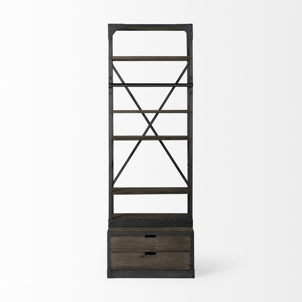 Brodie VII 32L x 22W x 94H Brown Wood Gun-Metal Bracing Four Shelf Shelving Unit
