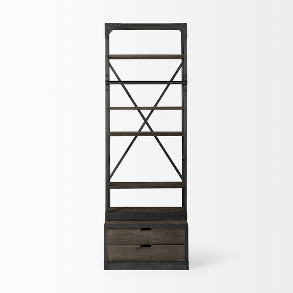 Brodie VII 32L x 22W x 94H Brown Wood Gun-Metal Bracing Four Shelf Shelving Unit
