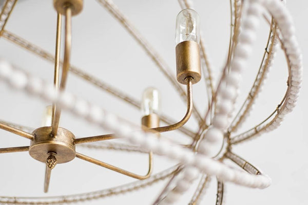 Ava White (34"D) Gold Metal and White Wood Beaded Six Bulb Chandelier