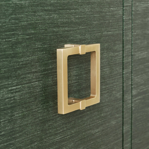 FOUR DOOR BUFFET WITH LARGE BRASS SQUARE HARDWARE IN GREEN DYED GRASSCLOTH
