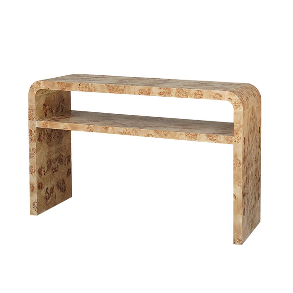 WATERFALL EDGE TWO TIER CONSOLE TABLE IN BURL WOOD