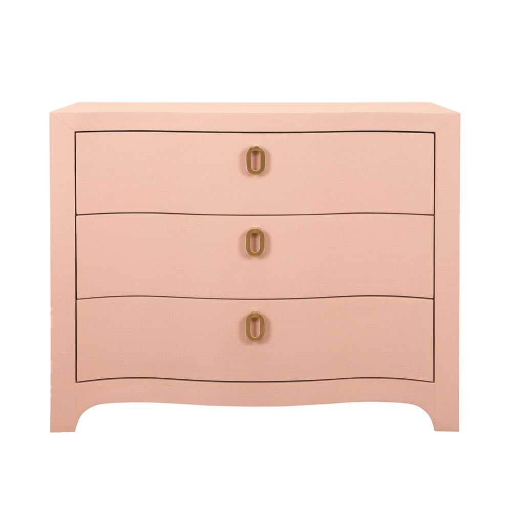CURVED FRONT CHEST WITH THREE DRAWERS IN TEXTURED PINK LINEN WITH SATIN BRASS RING HARDWARE