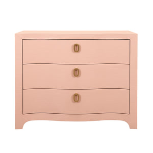 CURVED FRONT CHEST WITH THREE DRAWERS IN TEXTURED PINK LINEN WITH SATIN BRASS RING HARDWARE