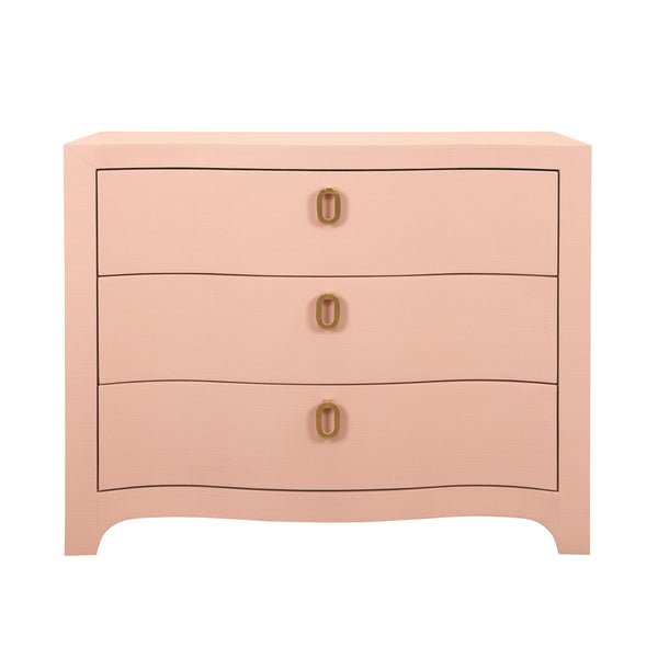 CURVED FRONT CHEST WITH THREE DRAWERS IN TEXTURED PINK LINEN WITH SATIN BRASS RING HARDWARE