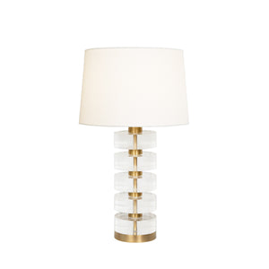 ACRYLIC AND BRUSHED BRASS STACK LAMP WITH WHITE LINEN SHADE