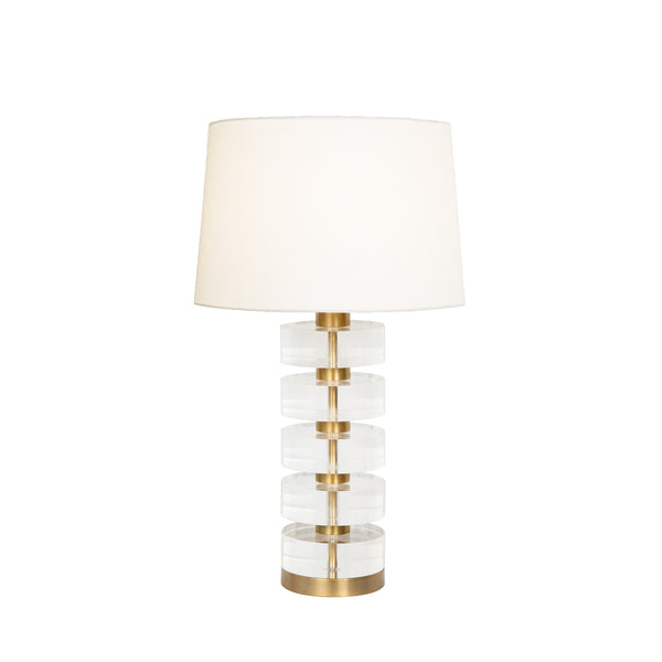 ACRYLIC AND BRUSHED BRASS STACK LAMP WITH WHITE LINEN SHADE