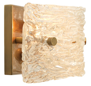 Swan Curved Glass Sconce, Small, Clear Textured Glass and Antique Brass Metal
