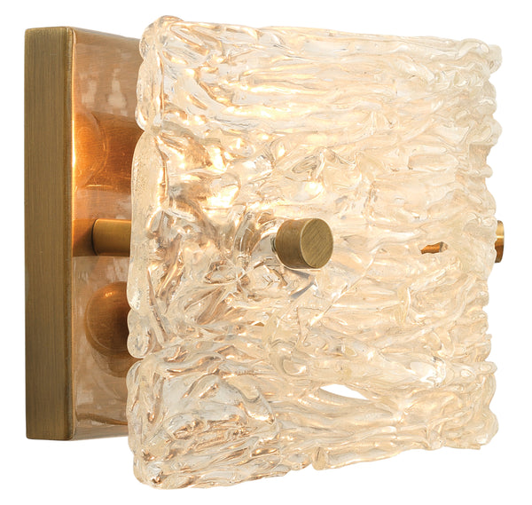 Swan Curved Glass Sconce, Small, Clear Textured Glass and Antique Brass Metal