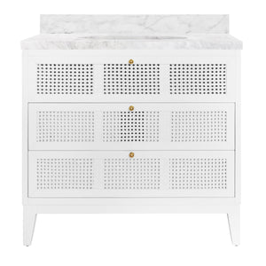 BATH VANITY IN MATTE WHITE LACQUER WITH CANE FRONT DRAWERS, WHITE MARBLE TOP, AND PORCELAIN SINK