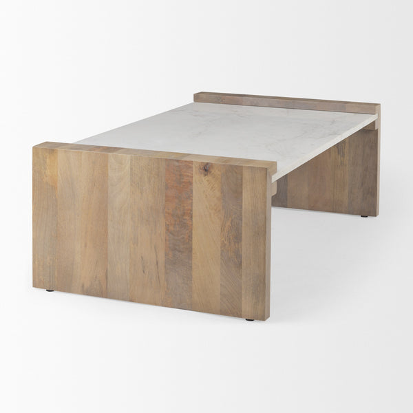 Athens  48.0L x 28.0W x 16.0H Light Brown Wood and White Marble Coffee Table