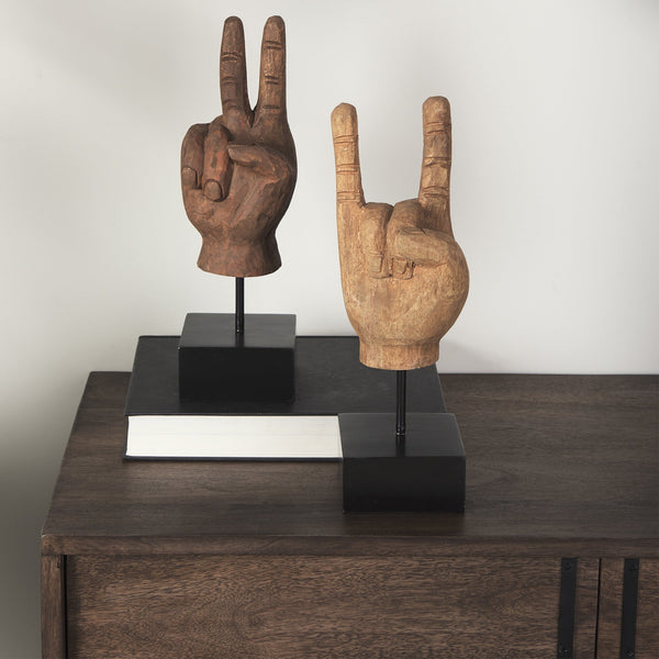 Pacem 4L x 4W Natural Wooden Carved Peace Sign Hand