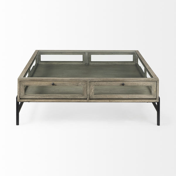 Arelius 42" Square Glass-Top Gray Wood w/ Black Metal Base Display Coffee Table