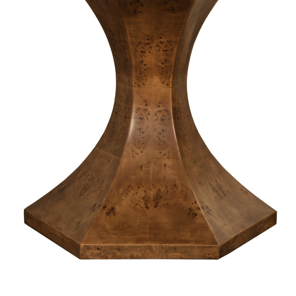 ROUND DINING TABLE WITH HEXAGONAL TAPERED BASE IN DARK BURL WOOD