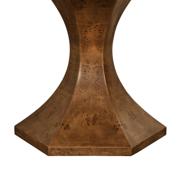 ROUND DINING TABLE WITH HEXAGONAL TAPERED BASE IN DARK BURL WOOD