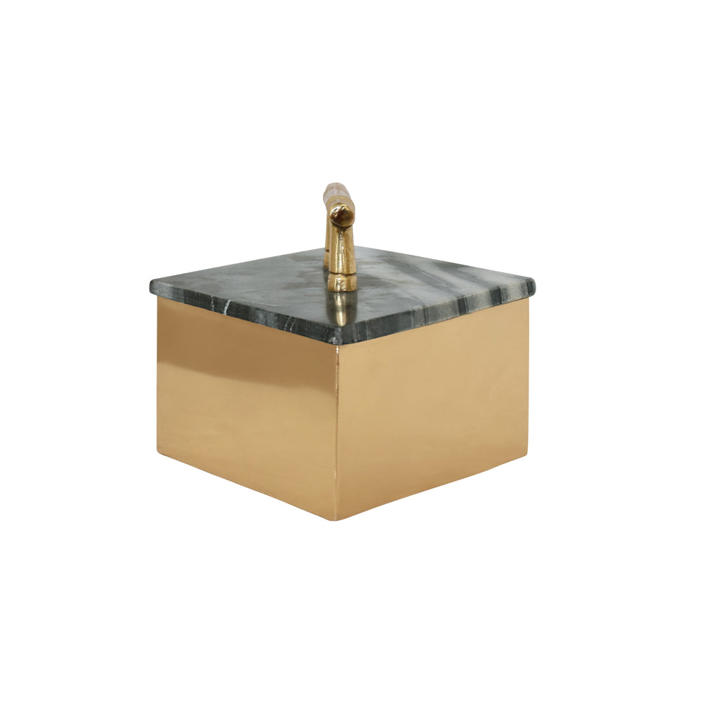 LARGE DIAMOND SHAPED BRASS BOX WITH BLACK MARBLE TOP AND BRASS BAMBOO HANDLE