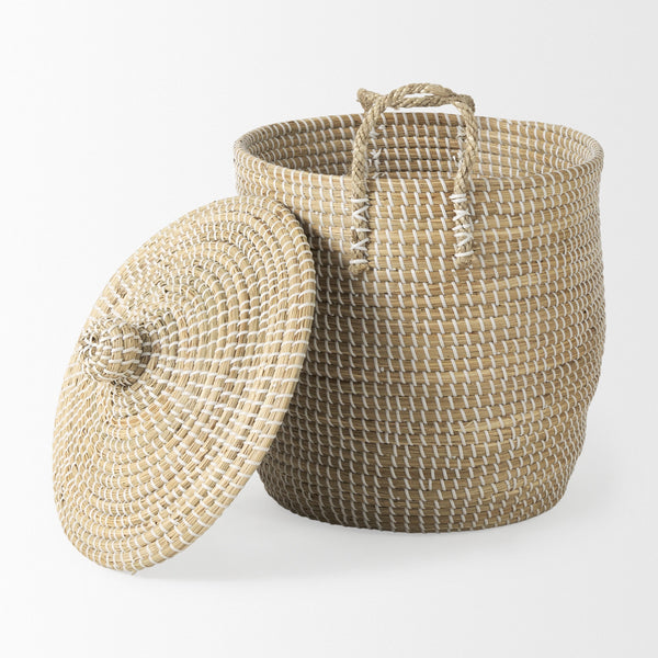 Olivia 15.7L x 15.7W x 17.3H Set of 3 Beige Seagrass Basket W/Lid and Handles
