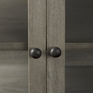 Arelius 36L x 18W x 32H Gray Wood, Black Metal Base w/ 2 Glass Doors Accent Cabinet