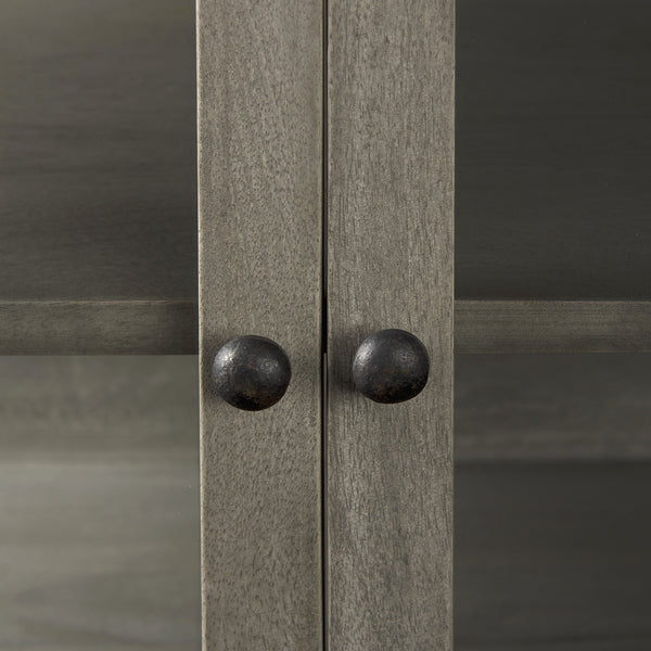 Arelius 36L x 18W x 32H Gray Wood, Black Metal Base w/ 2 Glass Doors Accent Cabinet