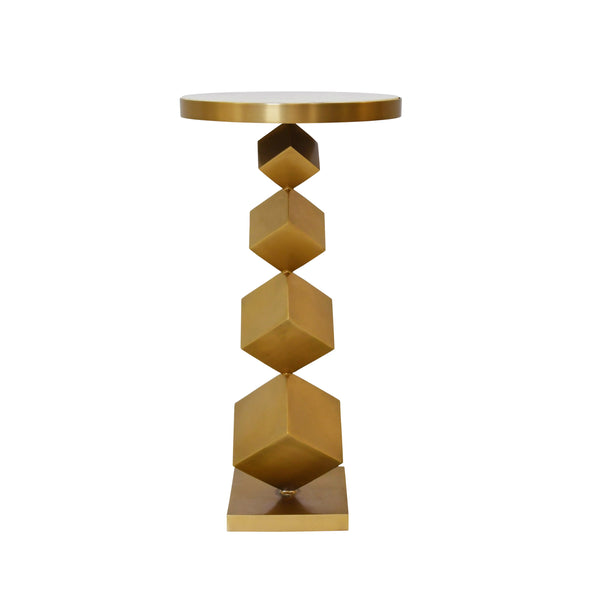 STACKED CUBE BASE SIDE TABLE IN ANTIQUE BRASS WITH INSET WHITE MARBLE TOP