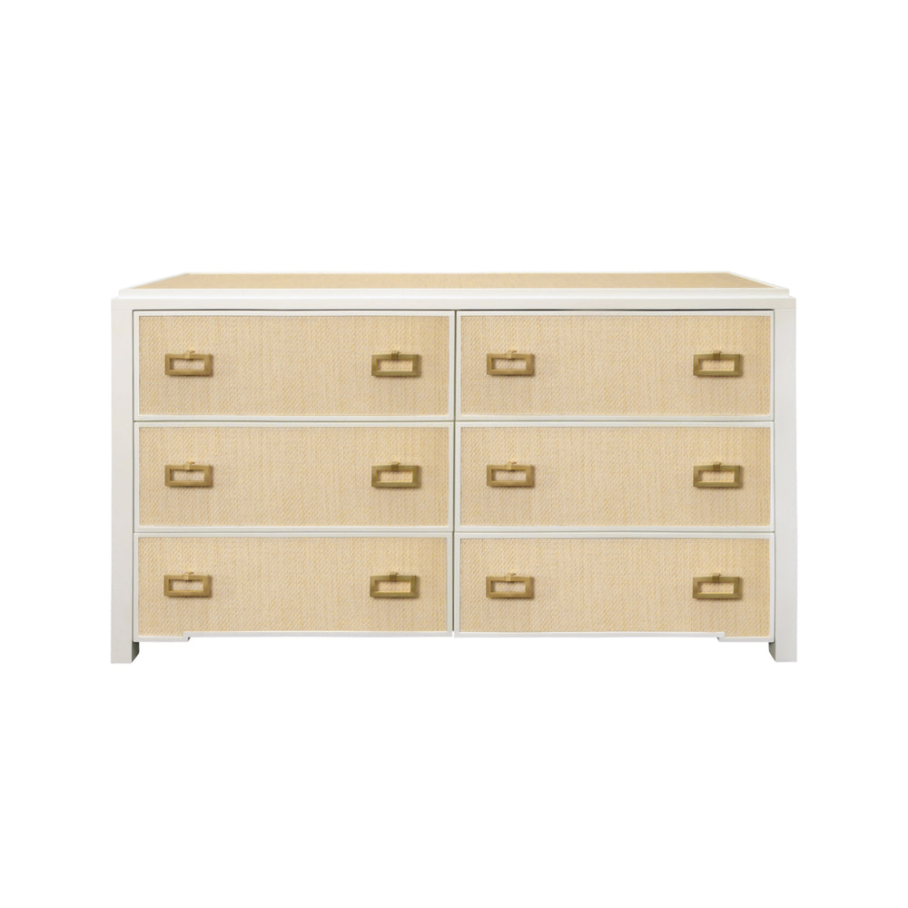 SIX DRAWER CHEST WITH MATTE WHITE LACQUER FRAME AND NATURAL GRASSCLOTH DRAWER FRONTS