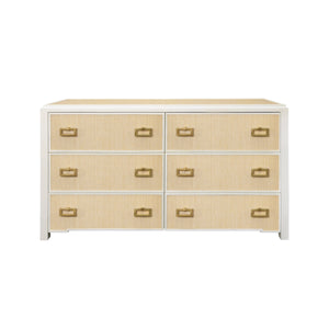 SIX DRAWER CHEST WITH MATTE WHITE LACQUER FRAME AND NATURAL GRASSCLOTH DRAWER FRONTS
