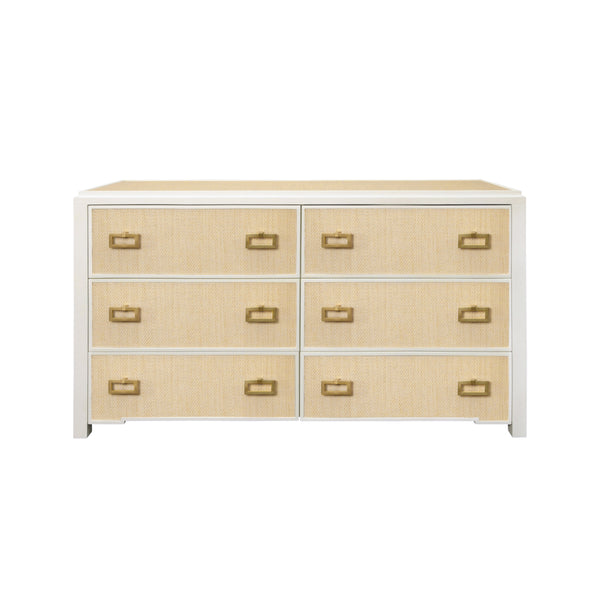 SIX DRAWER CHEST WITH MATTE WHITE LACQUER FRAME AND NATURAL GRASSCLOTH DRAWER FRONTS