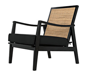 Lichtenstein Sungkai and Mindi Wood Chair with Peeled Rattan Detailing in Charcoal Black with Black Cotton Upholstery