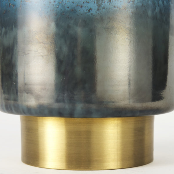 Caspian II Short Blue Glass Antiqued Brass Bottom Vase