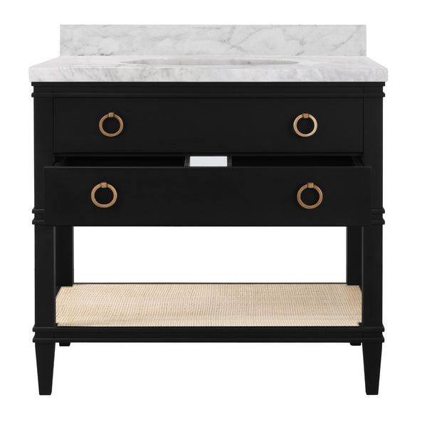 BATH VANITY IN MATTE BLACK LACQUER WITH OPEN CANE SHELF, WHITE MARBLE TOP, PORCELAIN SINK, AND ANTIQUE BRASS RING HARDWARE